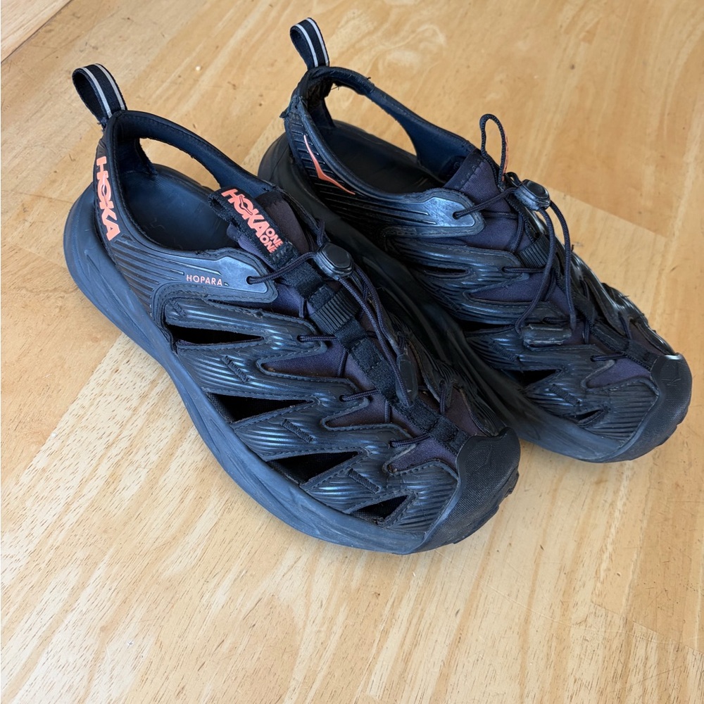 Hoka Black and Orange All-Terrain Hiking Sandals